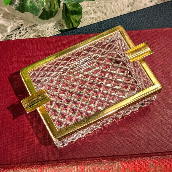 Vintage Hollywood Regency French Empire Diamond Cut Crystal Ashtray Trinket Dish - Picture 3 of 8